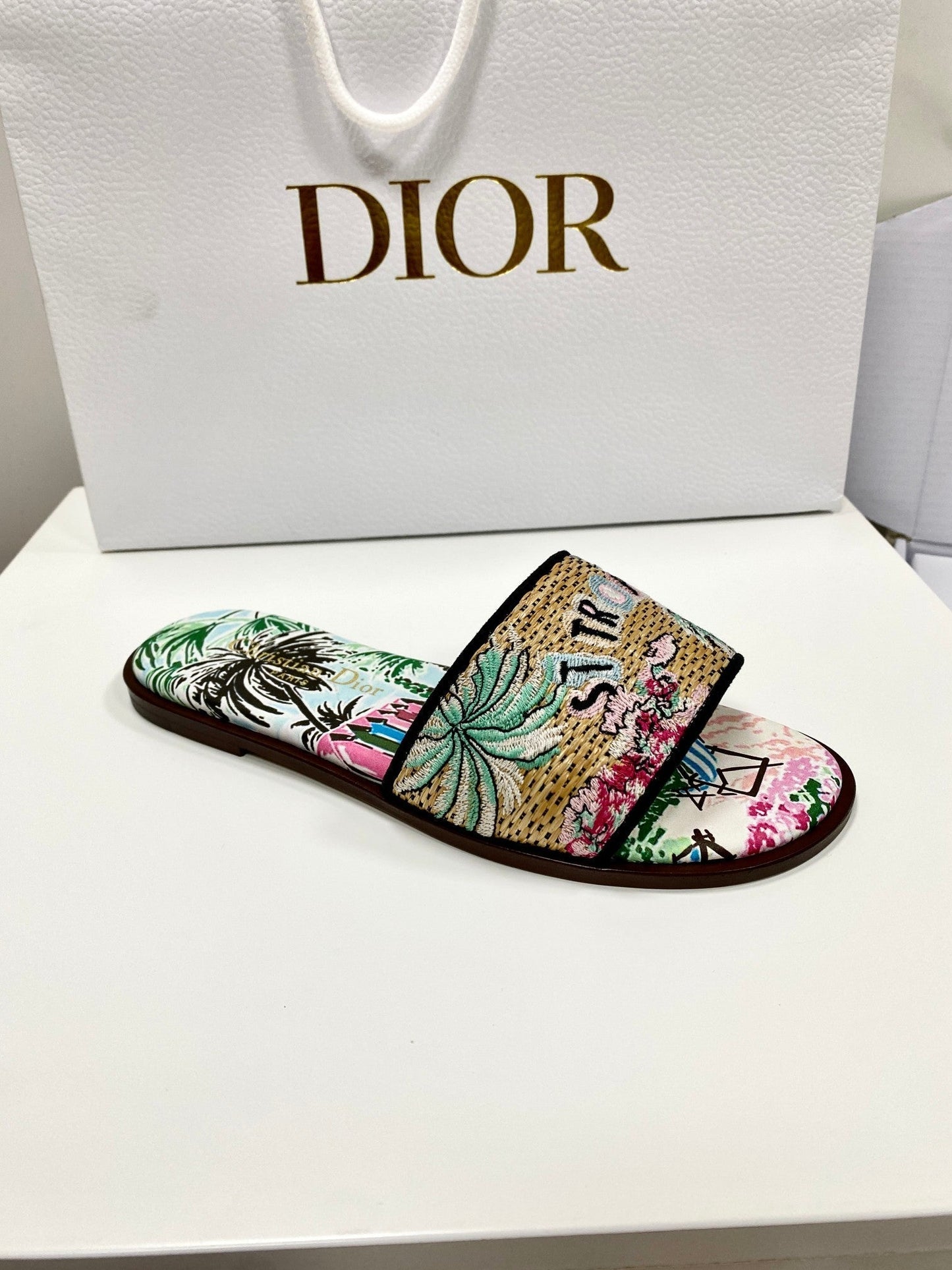 CD 26s Embroidered Sandals Blue Multicolor Canvas Leather 683006