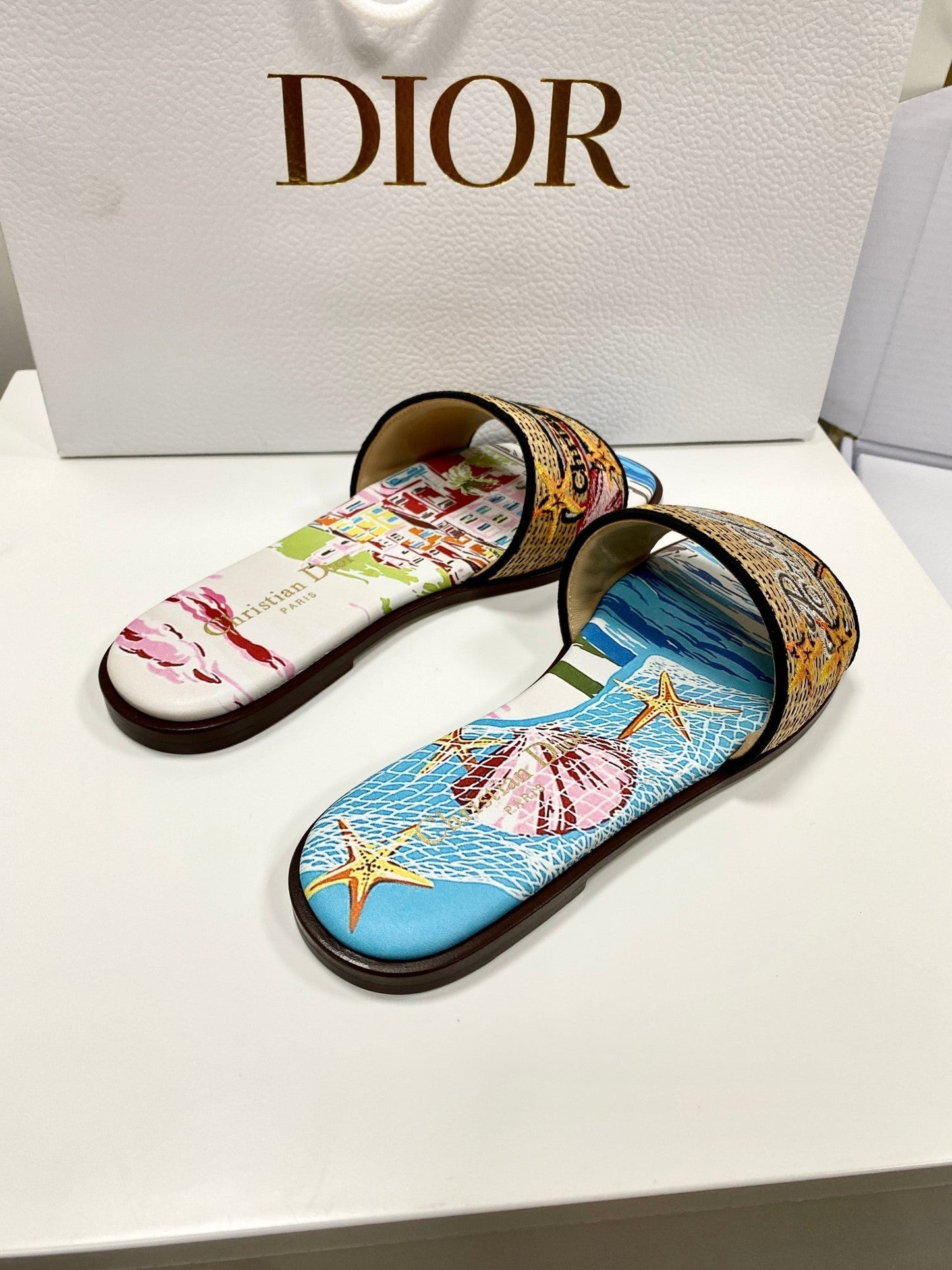 CD 26s Embroidered Sandals Blue Beige Multicolor Canvas Leather 683007