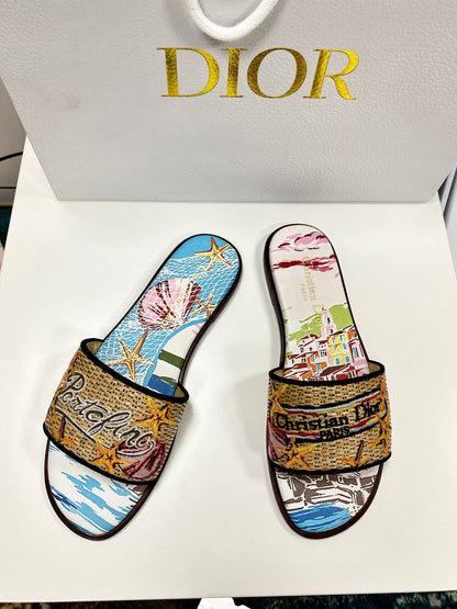 CD 26s Embroidered Sandals Blue Beige Multicolor Canvas Leather 683007
