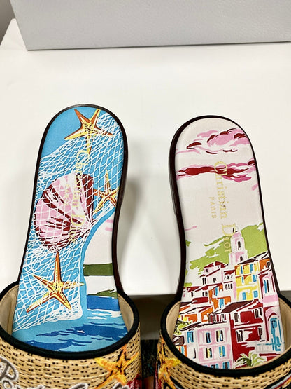 CD 26s Embroidered Sandals Blue Beige Multicolor Canvas Leather 683007