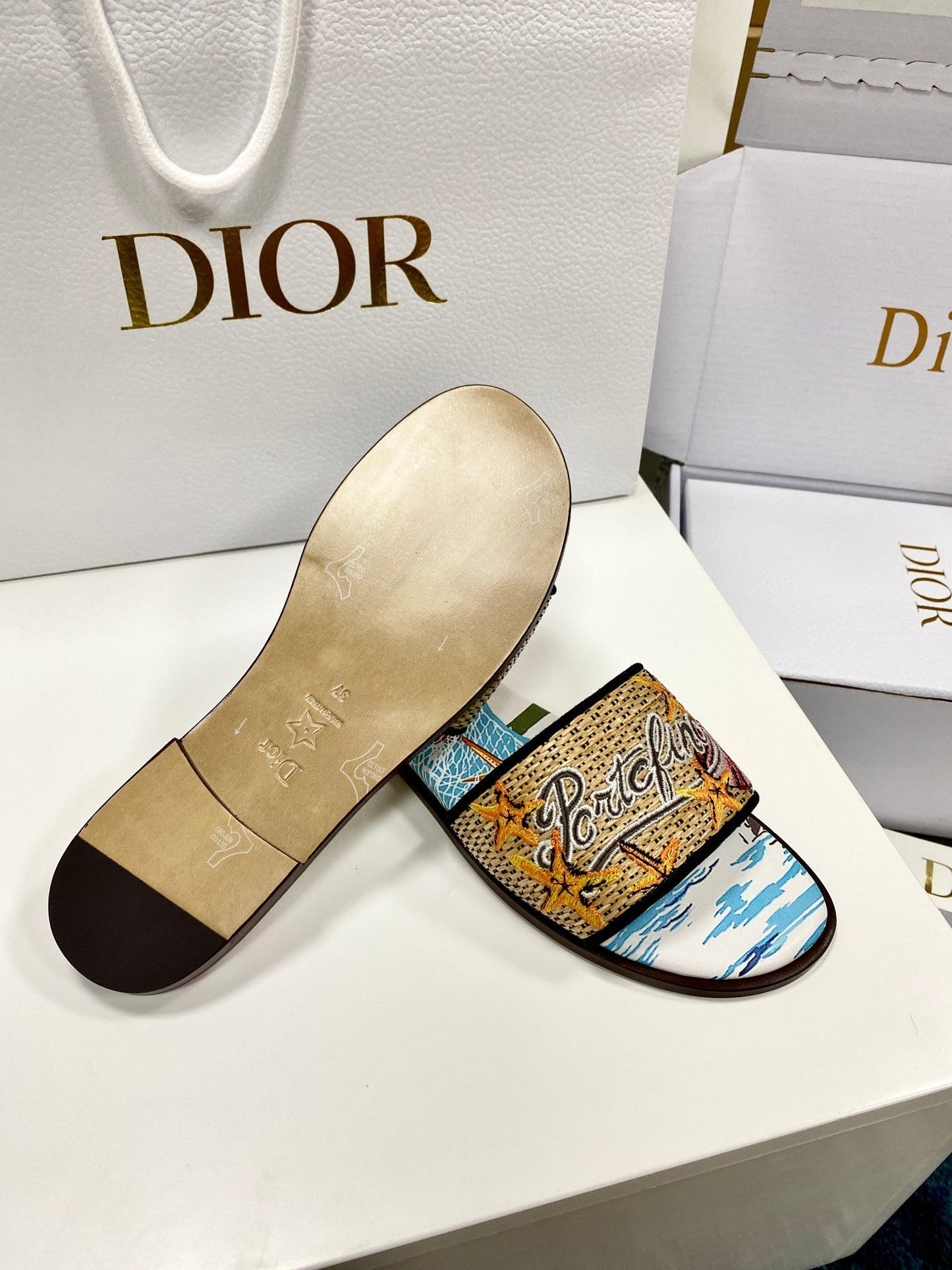 CD 26s Embroidered Sandals Blue Beige Multicolor Canvas Leather 683007