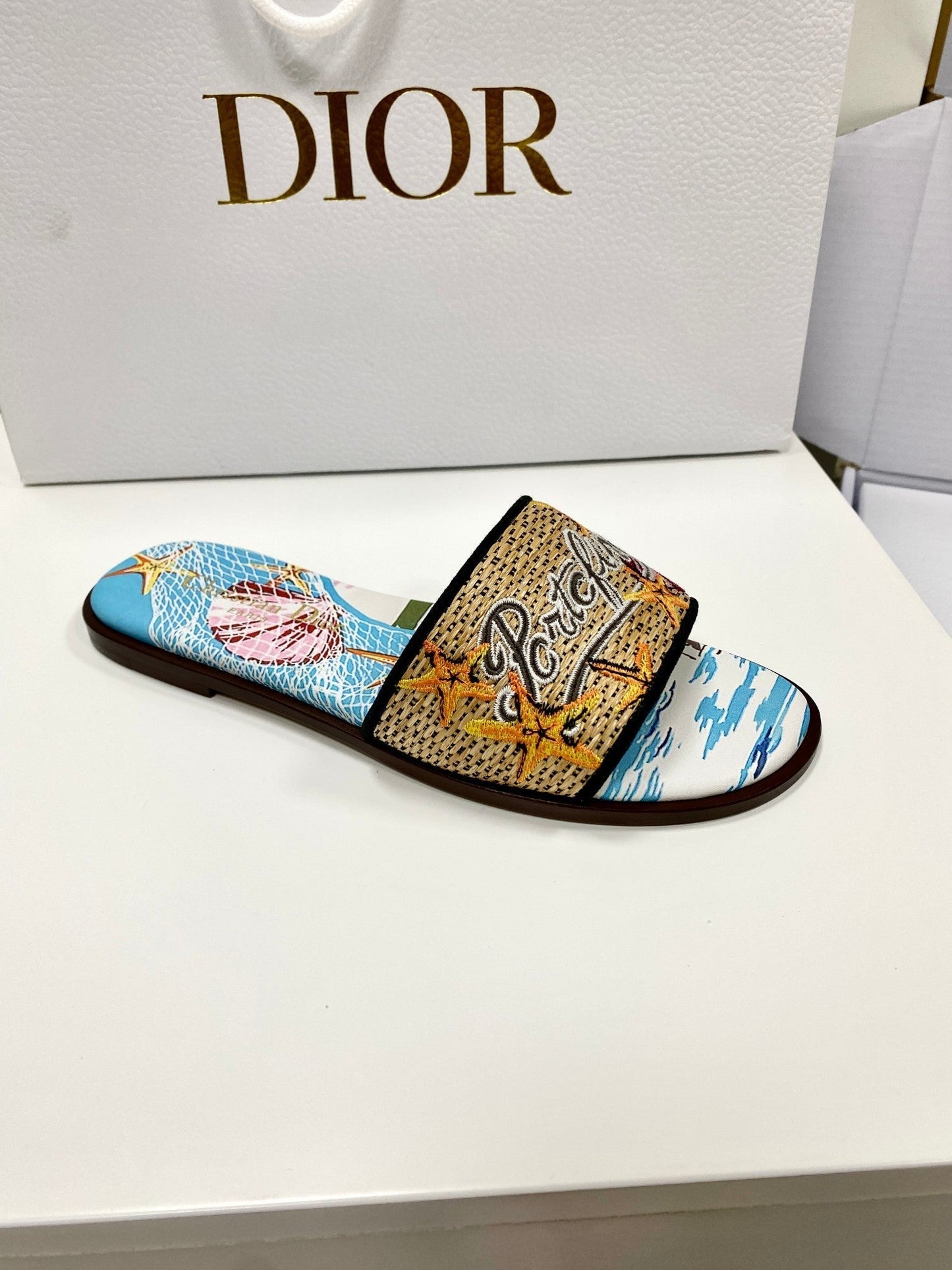 CD 26s Embroidered Sandals Blue Beige Multicolor Canvas Leather 683007