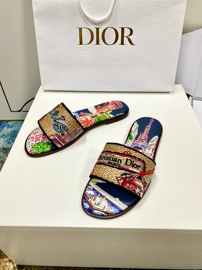 CD 26s Embroidered Sandals Beige Multicolor Canvas Leather 683009