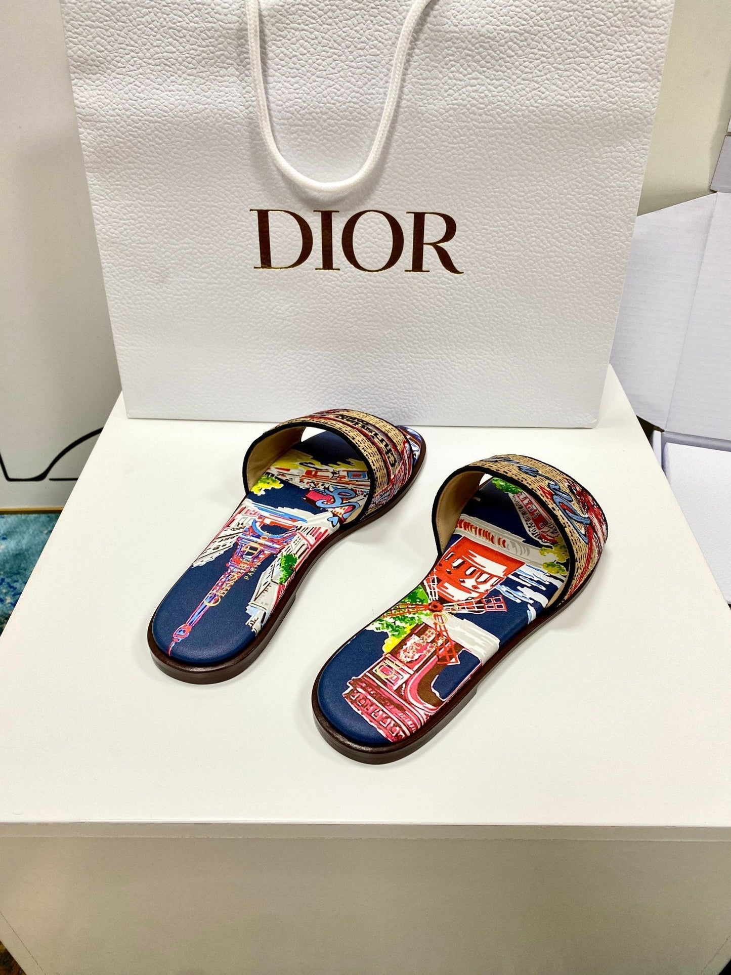 CD 26s Embroidered Sandals Beige Multicolor Canvas Leather 683009