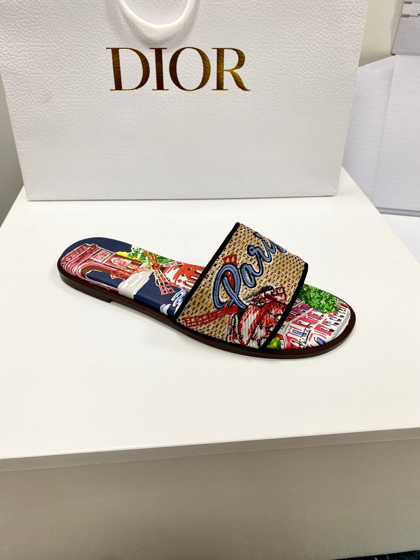 CD 26s Embroidered Sandals Beige Multicolor Canvas Leather 683009