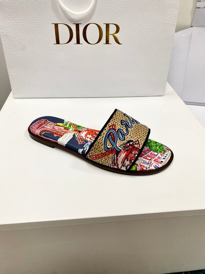 CD 26s Embroidered Sandals Beige Multicolor Canvas Leather 683009