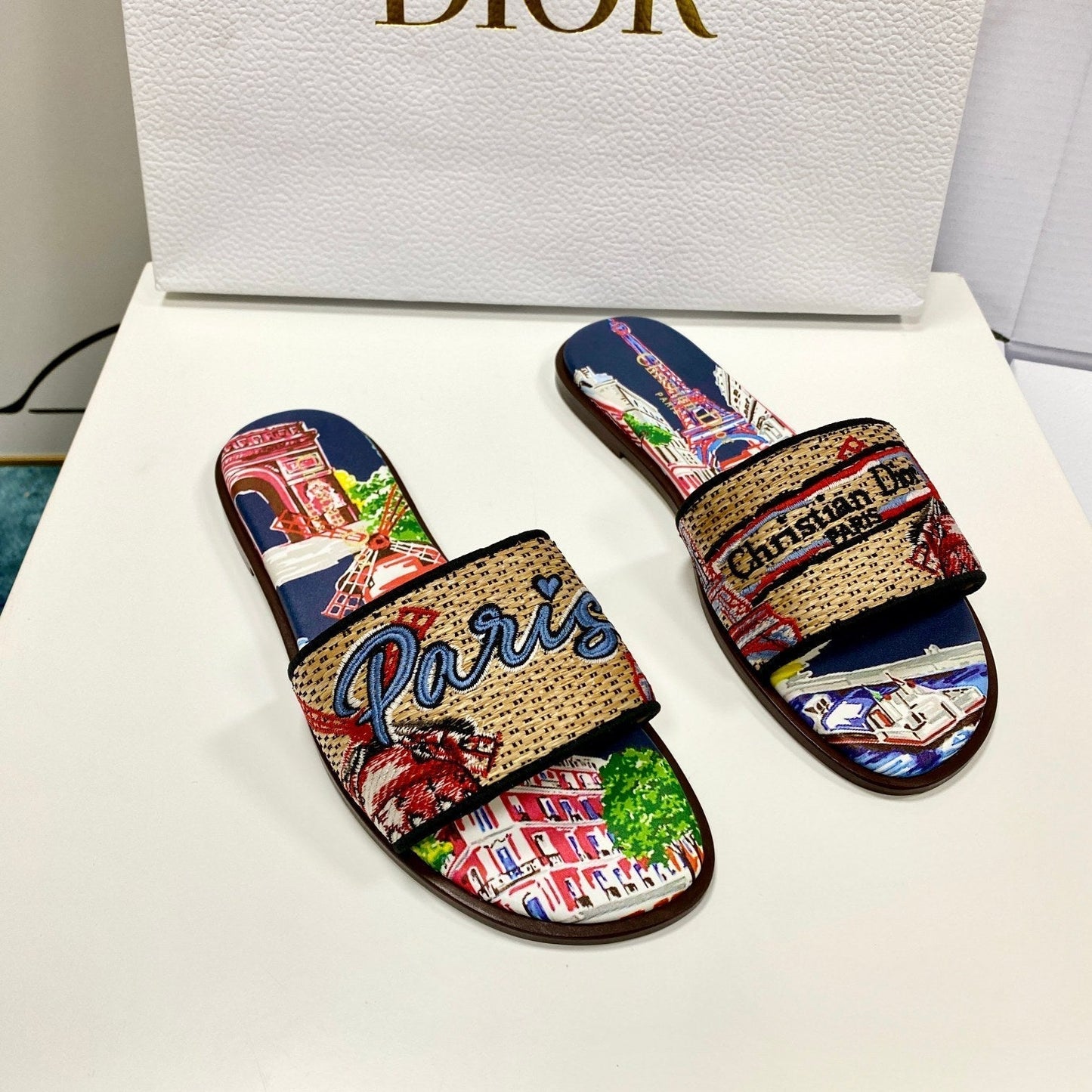 CD 26s Embroidered Sandals Beige Multicolor Canvas Leather 683009