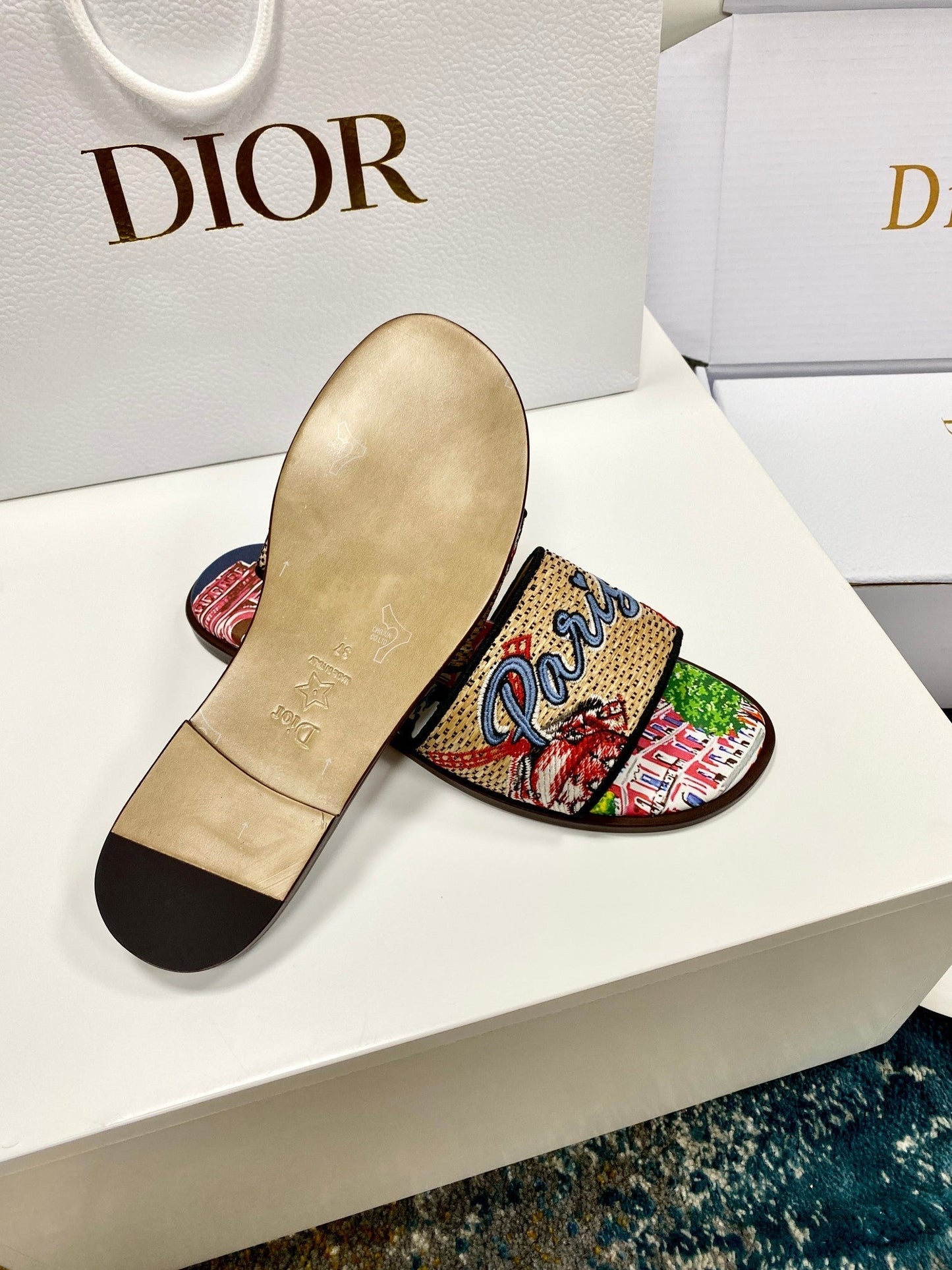 CD 26s Embroidered Sandals Beige Multicolor Canvas Leather 683009