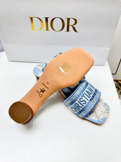 CD 26s Embroidered Sandals Blue Beige Canvas Leather 683014