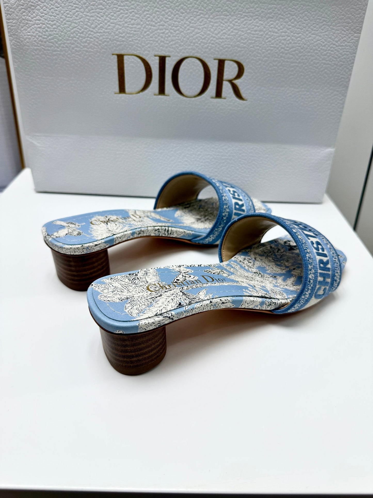 CD 26s Embroidered Sandals Blue Beige Canvas Leather 683014