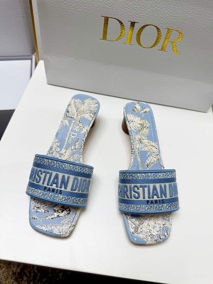 CD 26s Embroidered Sandals Blue Beige Canvas Leather 683014
