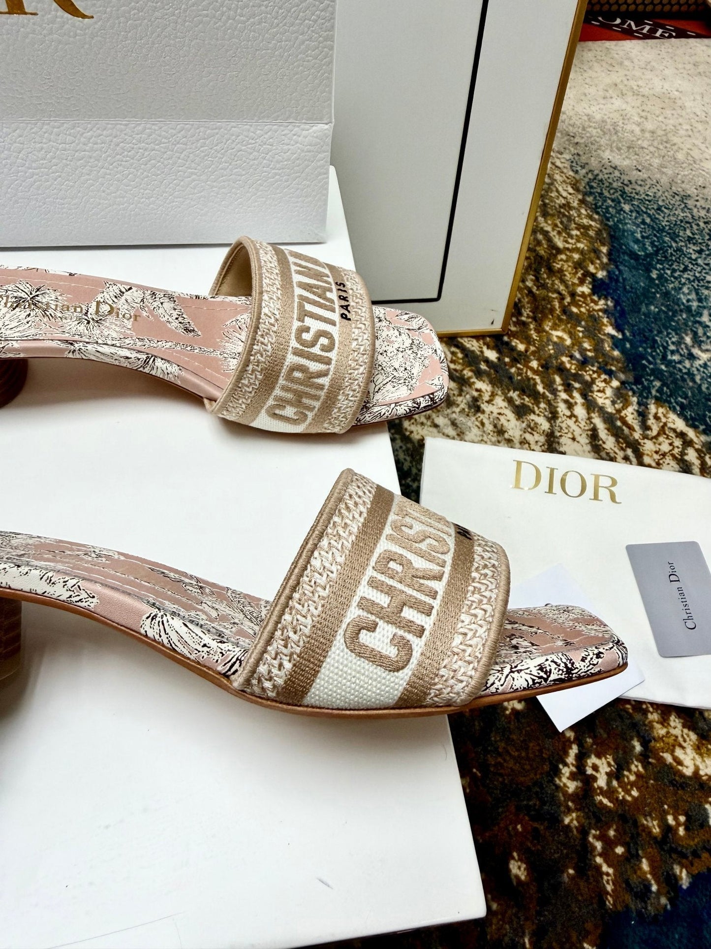 CD 26s Embroidered Sandals Pink Nude Gold Canvas Leather 683012