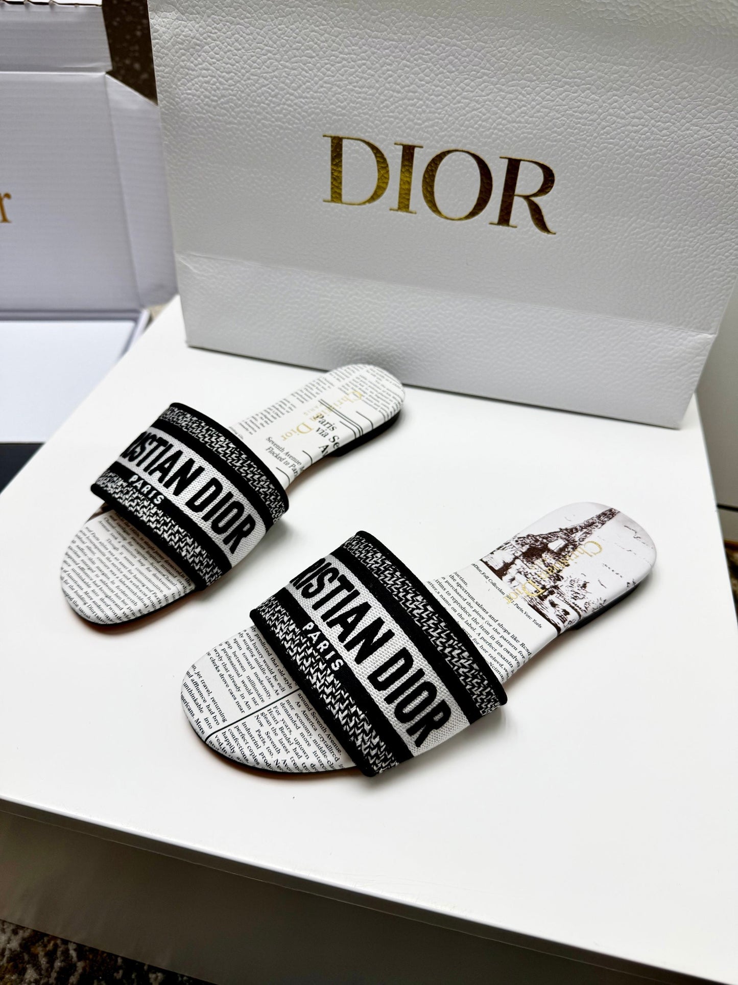CD 26s Embroidered Slippers Black White Canvas Leather 683019