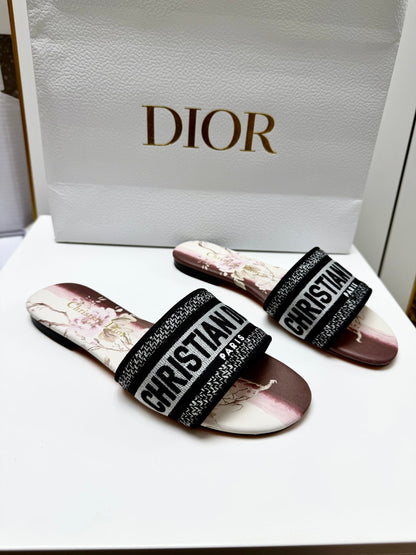 CD 26s Embroidered Sandals Black White Burgundy Canvas Leather 683021