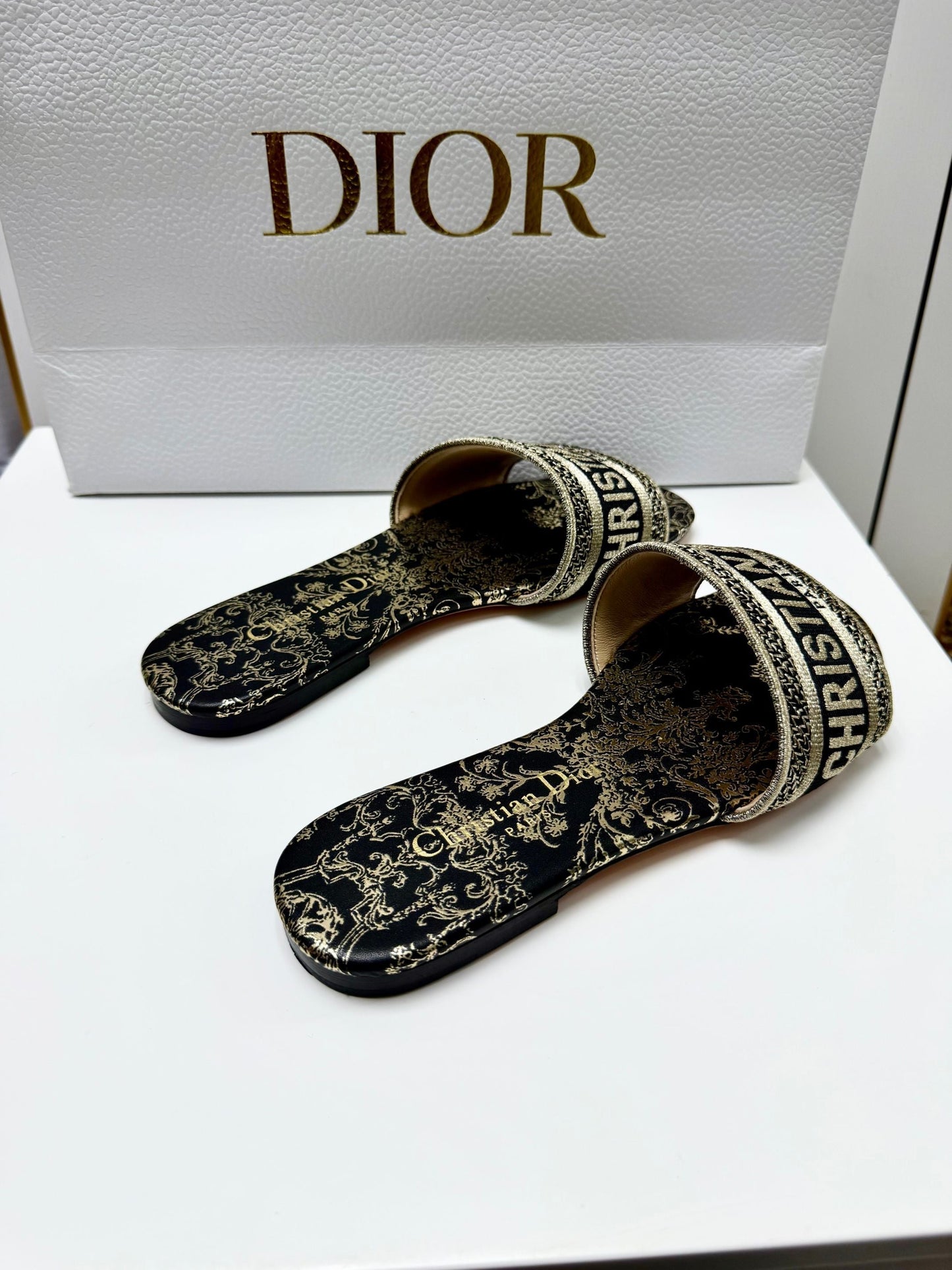CD 26s Embroidered Sandals White Gold Genuine Leather 683023
