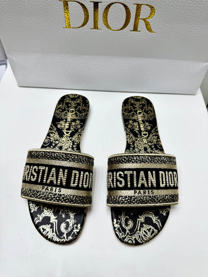 CD 26s Embroidered Sandals Black Gold Genuine Leather 683025