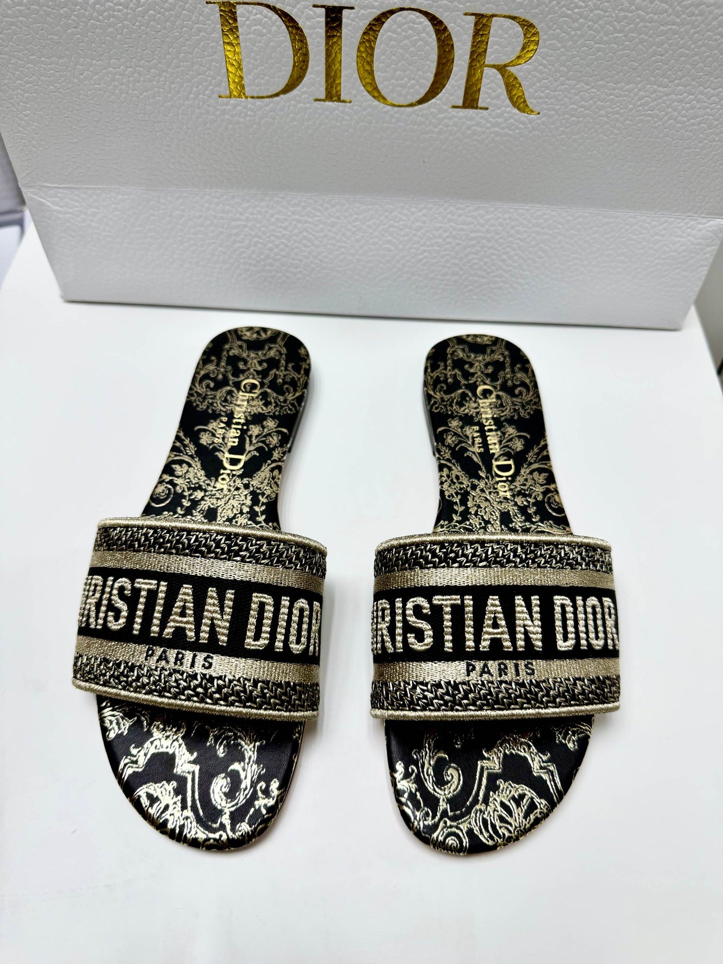 CD 26s Embroidered Sandals White Gold Genuine Leather 683023