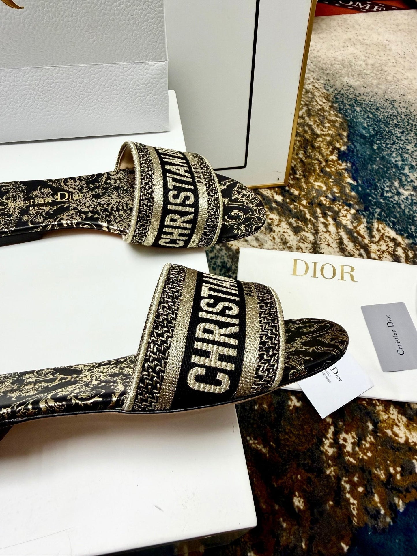 CD 26s Embroidered Sandals White Gold Genuine Leather 683023
