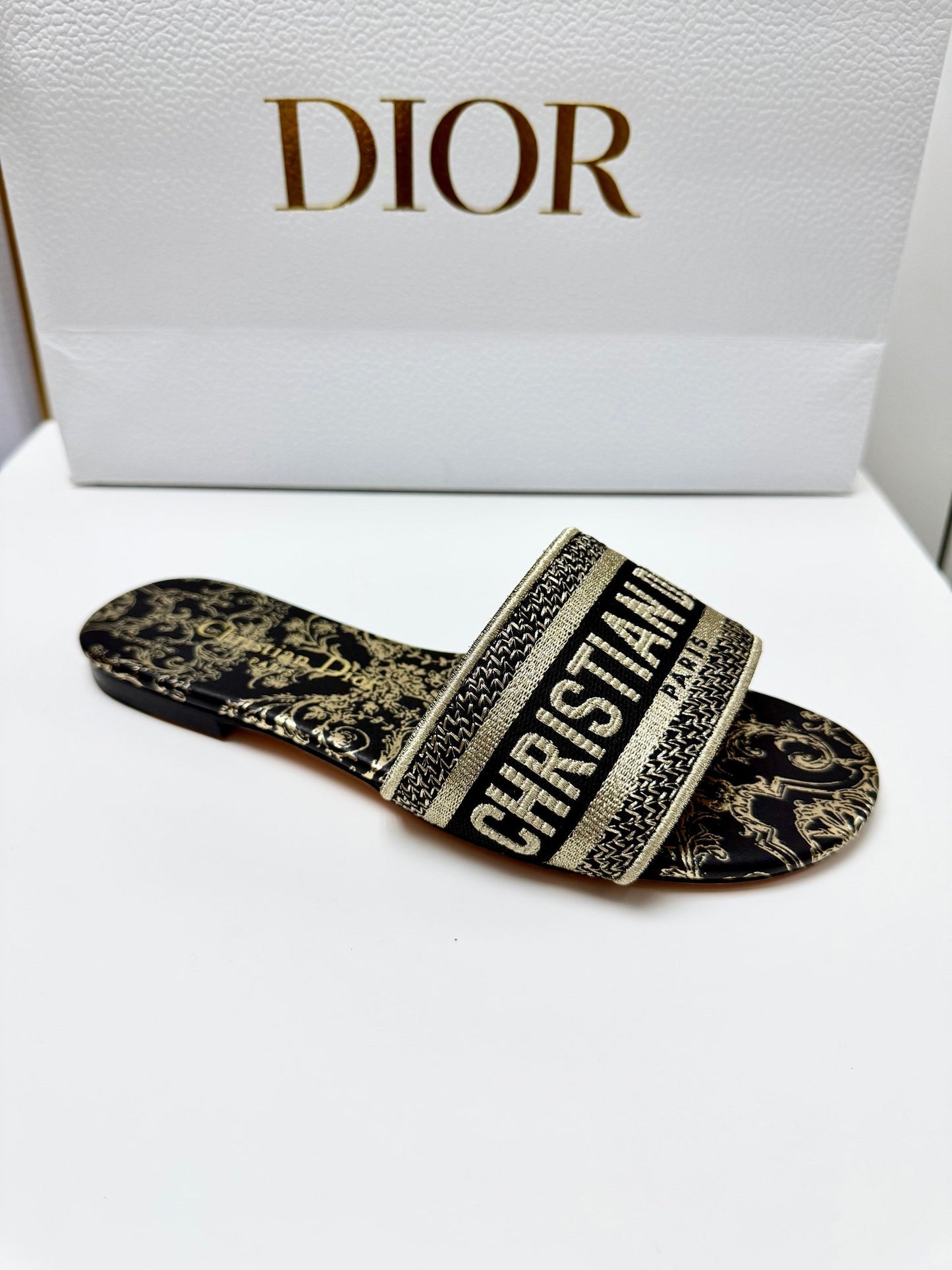 CD 26s Embroidered Sandals White Gold Genuine Leather 683023