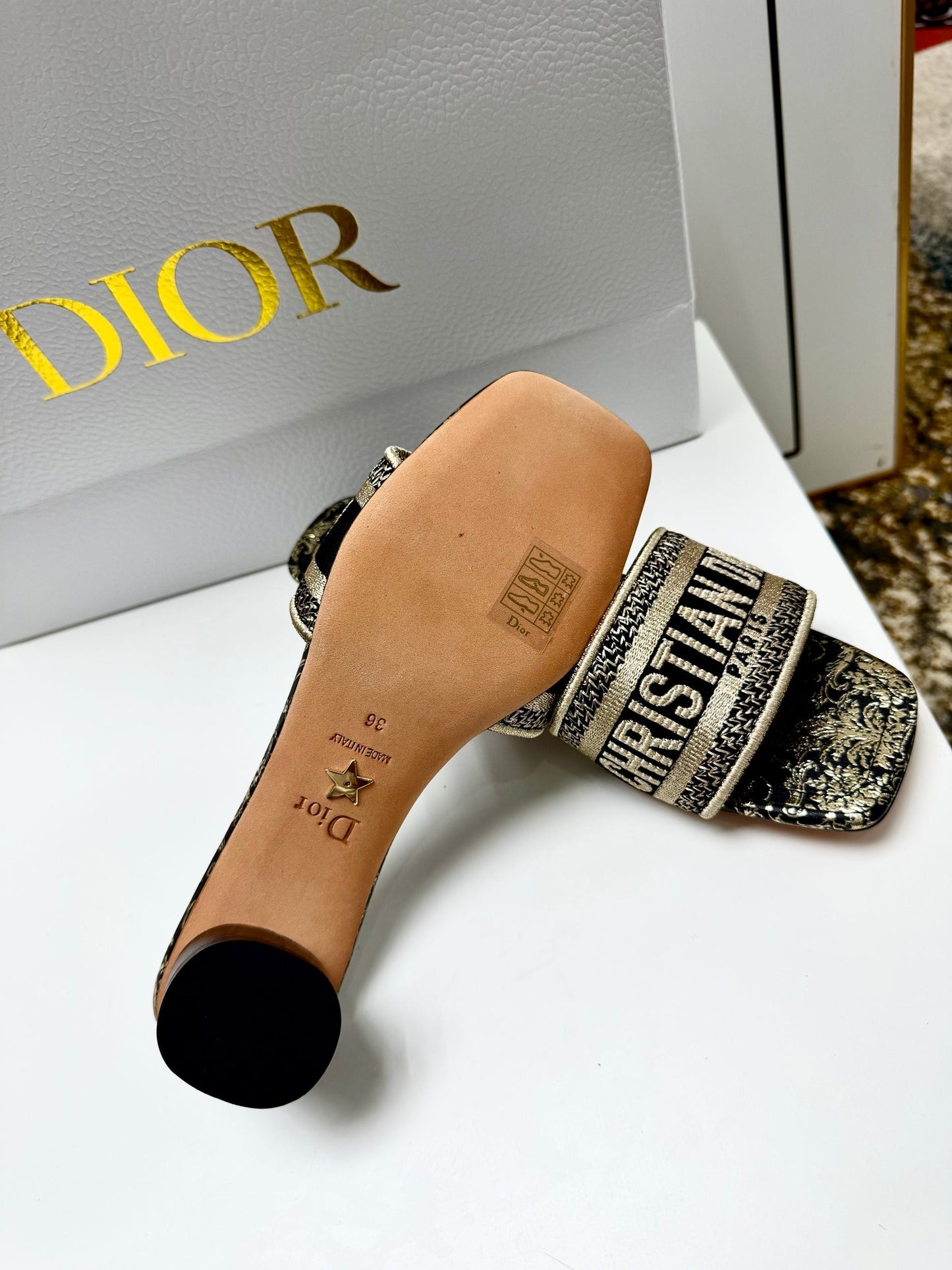 CD 26s Embroidered Sandals Black Gold Genuine Leather 683025