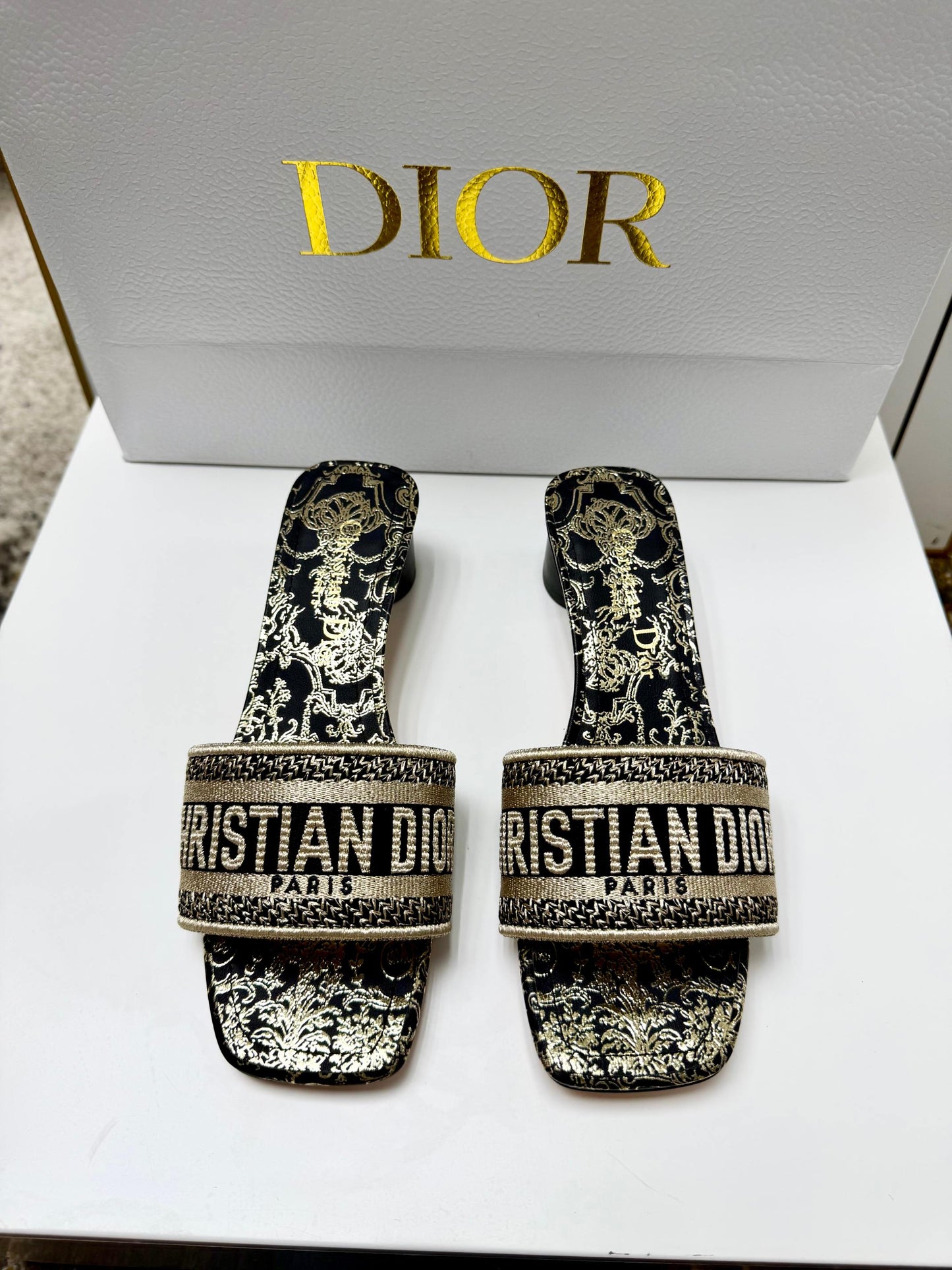 CD 26s Embroidered Sandals White Gold Genuine Leather 683023