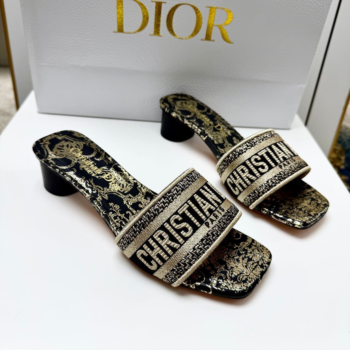 CD 26s Embroidered Sandals White Gold Genuine Leather 683023
