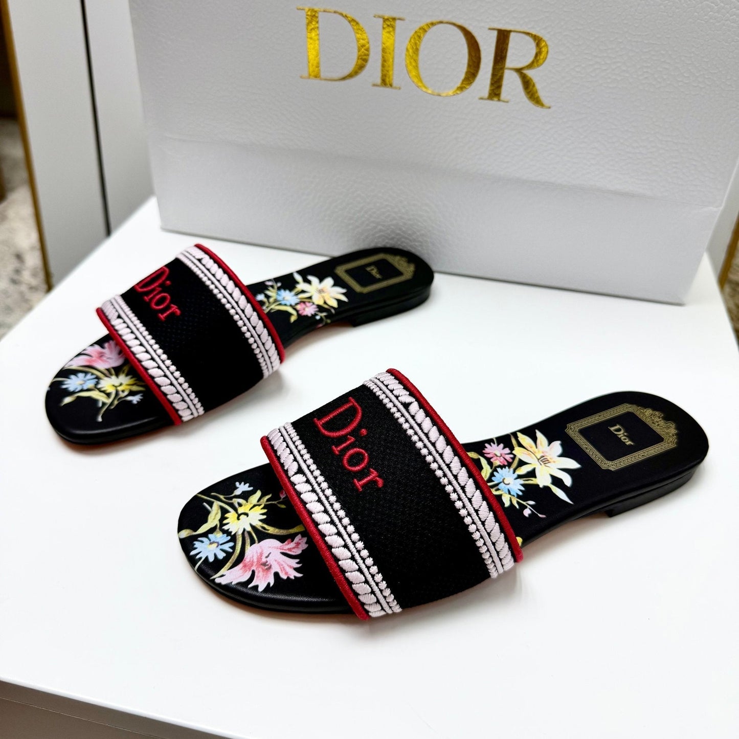 CD 26s Floral Embroidered Sandals Black Canvas 683030