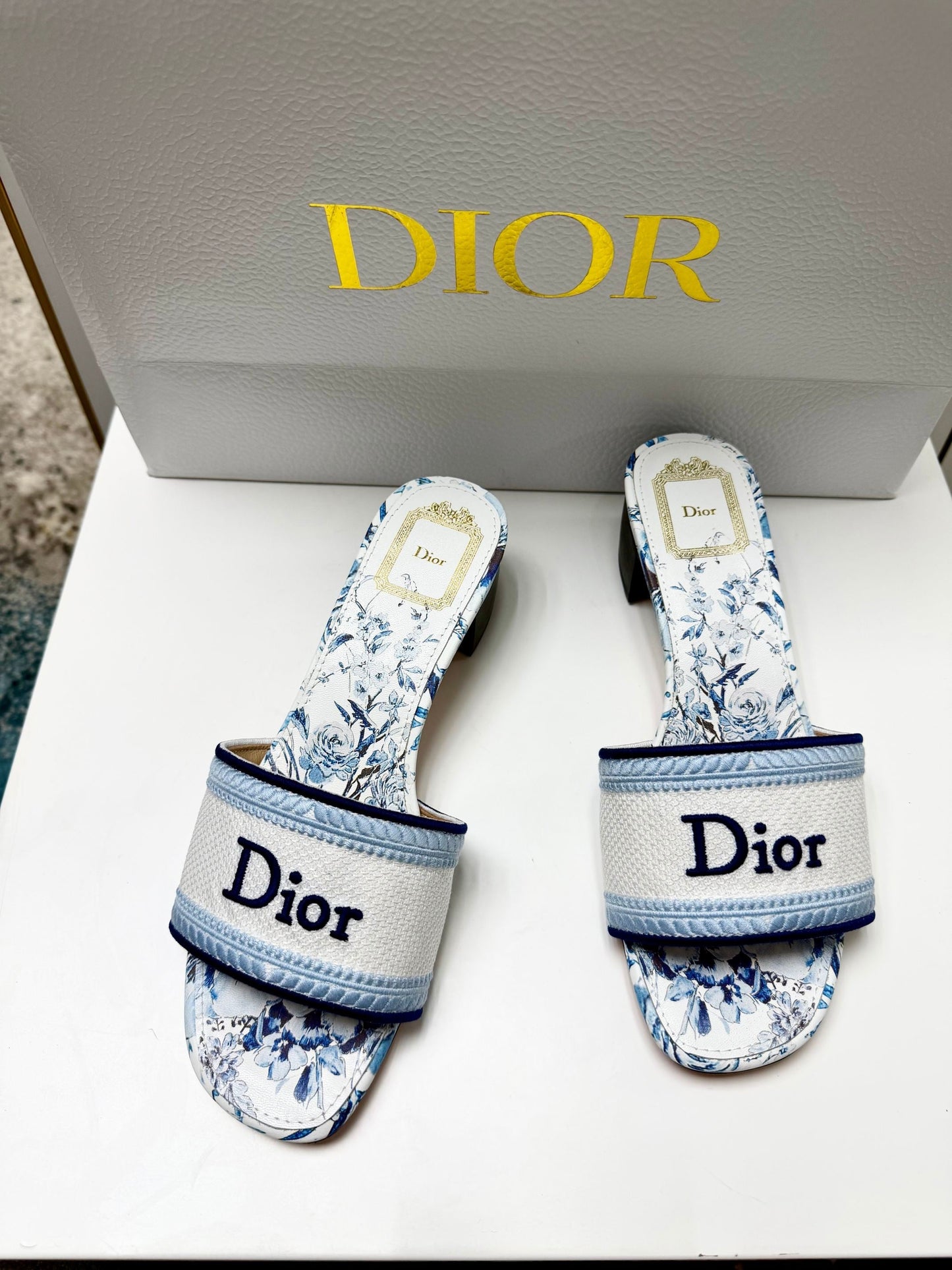 CD 26s Floral Embroidered Sandals White Blue Canvas 683028