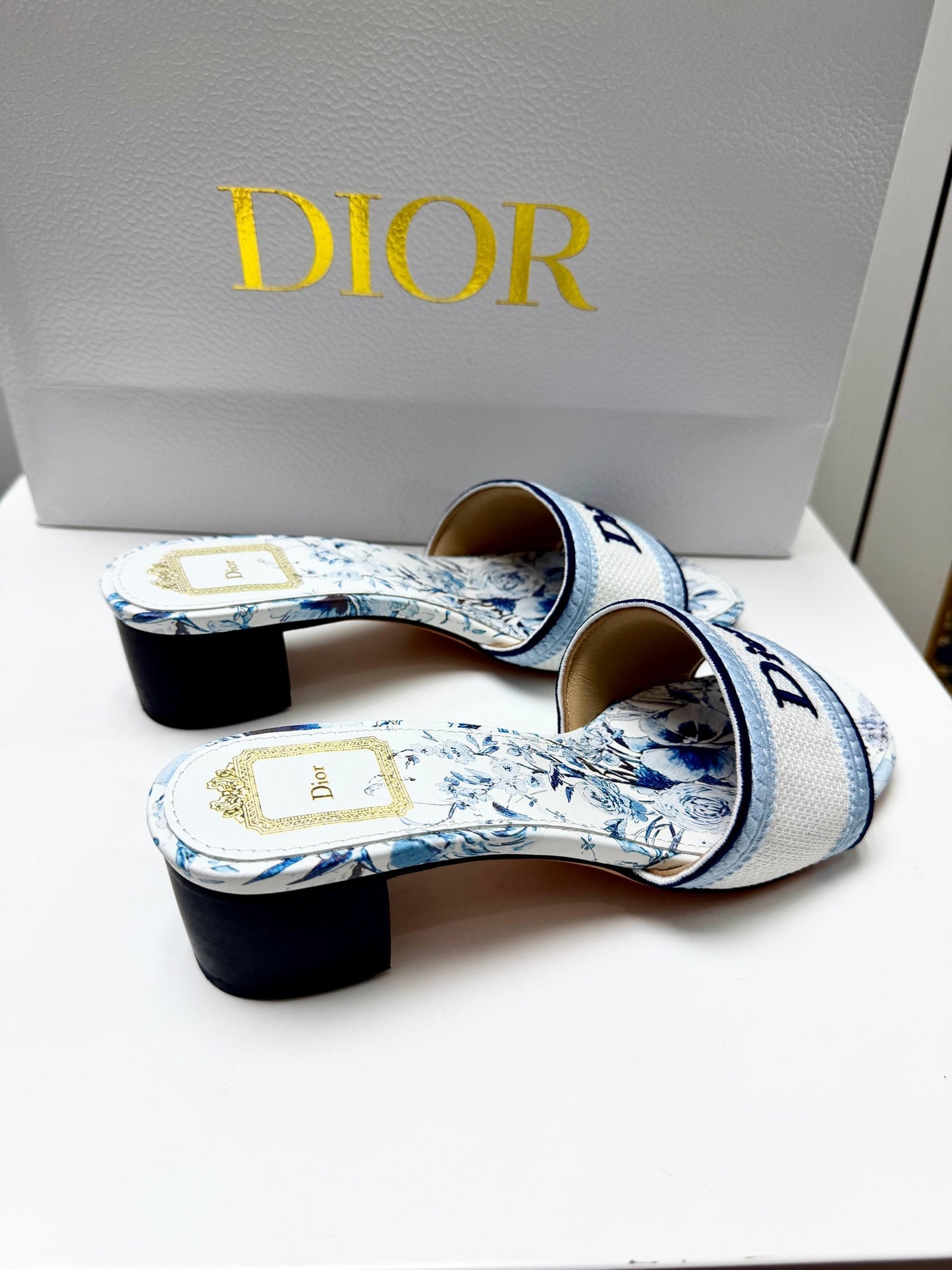 CD 26s Floral Embroidered Sandals White Blue Canvas 683028