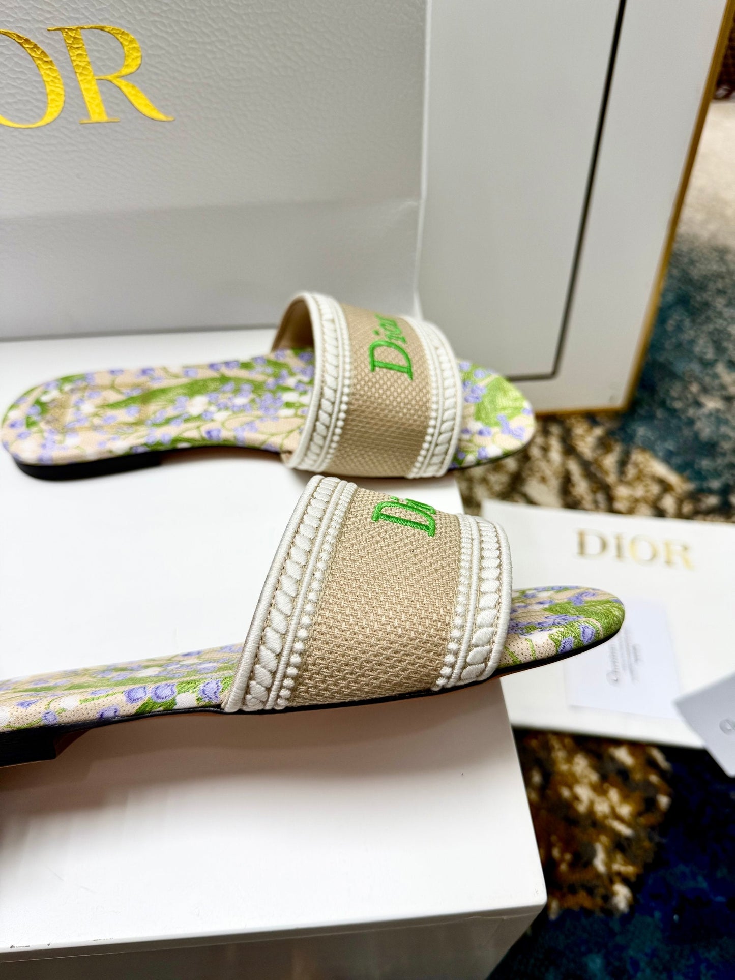 CD 26s Floral Embroidered Sandals Green Beige Canvas 683035