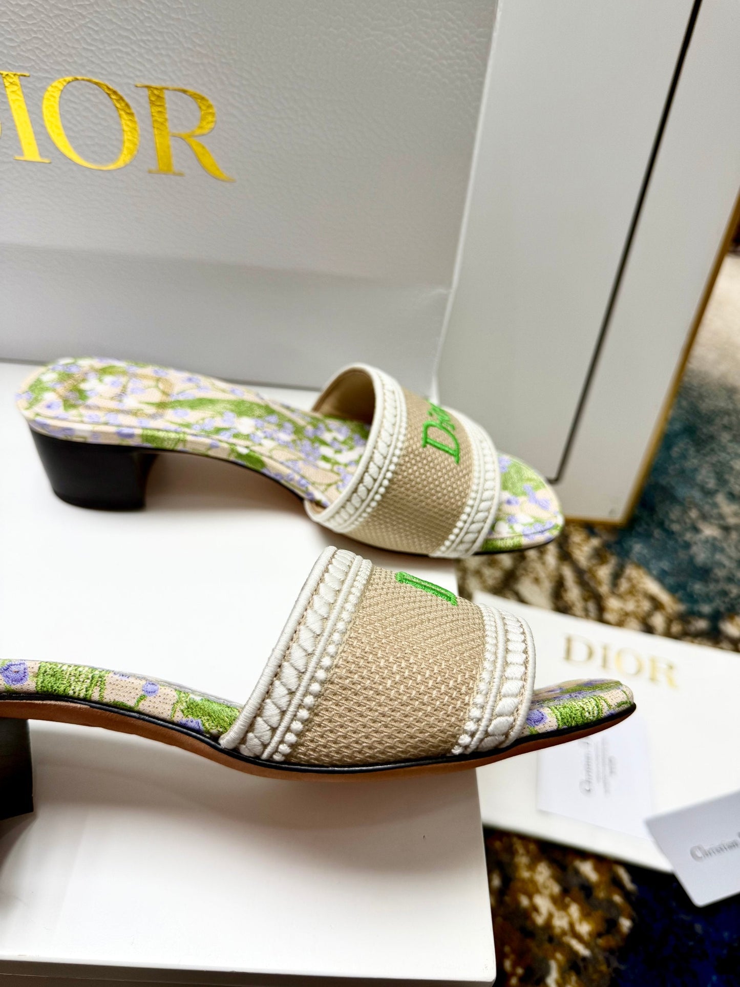 CD 26s Floral Embroidered Sandals Green Beige Canvas 683035