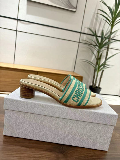 CD 26s Embroidered Sandals Beige Green Canvas Sheepskin 664319