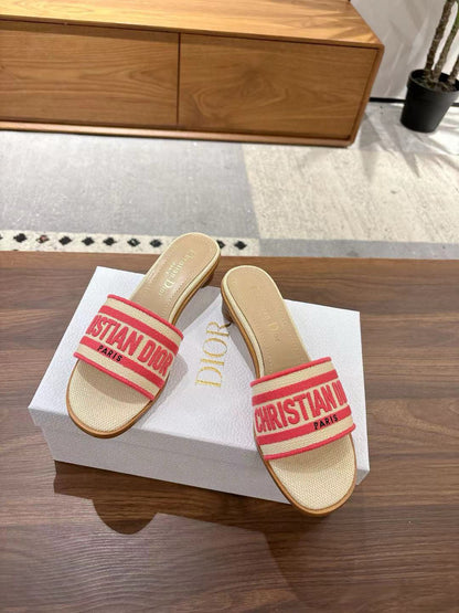 CD 26s Embroidered Sandals Beige Red Canvas Sheepskin 664315