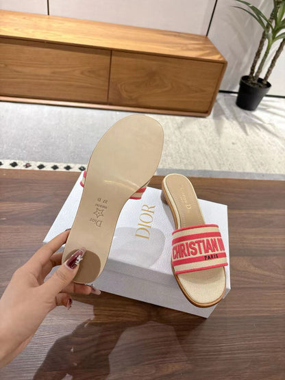 CD 26s Embroidered Sandals Beige Red Canvas Sheepskin 664315