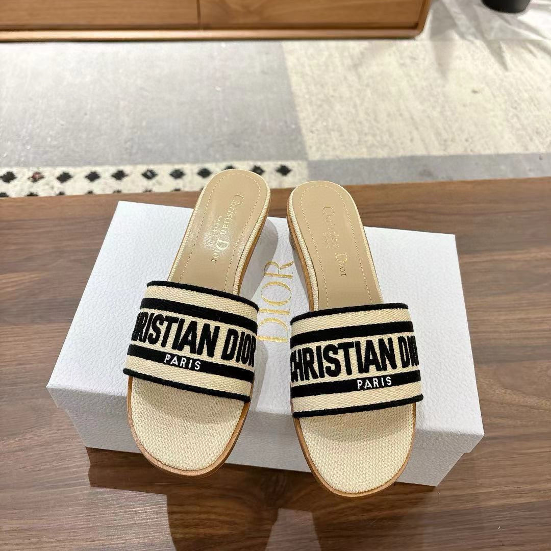 CD 26s Embroidered Sandals Beige Black Canvas Sheepskin 664322