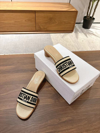 CD 26s Embroidered Sandals Beige Black Canvas Sheepskin 664322