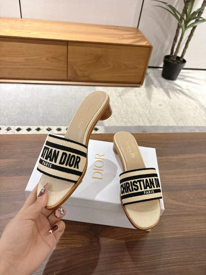CD 26s Embroidered Sandals Beige Black Canvas Sheepskin 664322