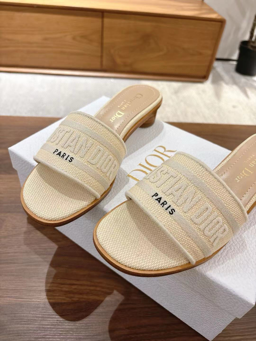 CD 26s Embroidered Sandals Beige Canvas Sheepskin 664323