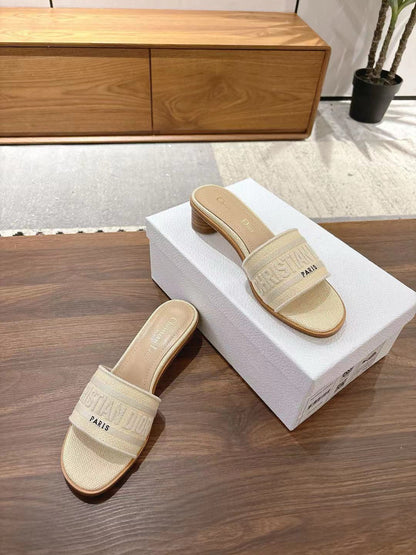 CD 26s Embroidered Sandals Beige Canvas Sheepskin 664323