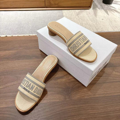 CD 26s Embroidered Sandals Beige Gray Canvas Sheepskin 664324
