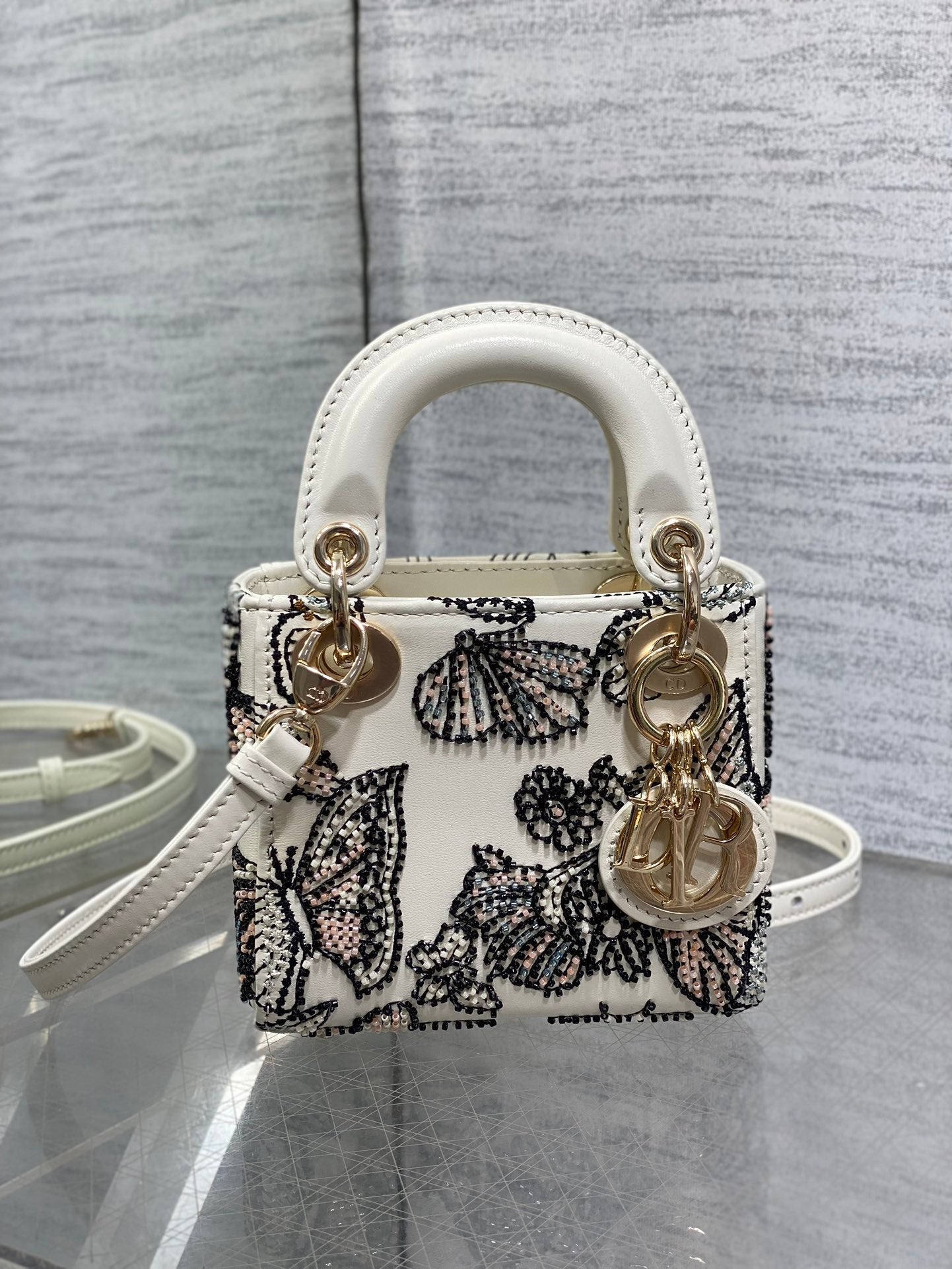 Dior 2026 Butterfly Embroidery Bag 12cm White Mix Color Leather 352067
