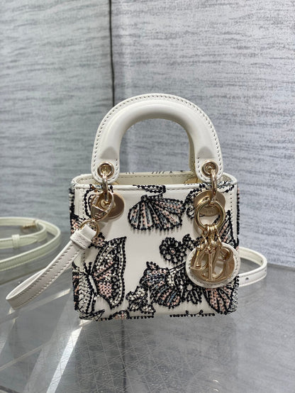 Dior 2026 Butterfly Embroidery Bag 12cm White Mix Color Leather 352067