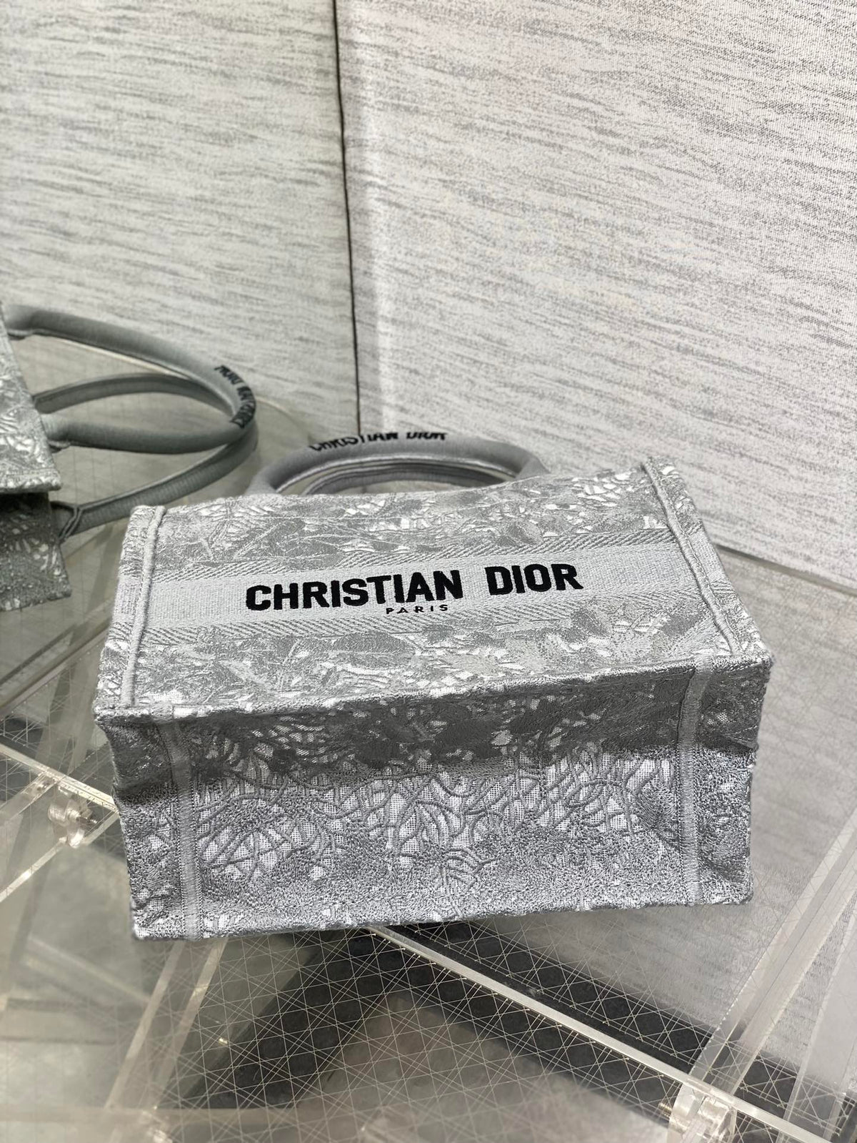 CD Small Dior Book Tote Scotland’s National Flower Pattern Grey Cotton
