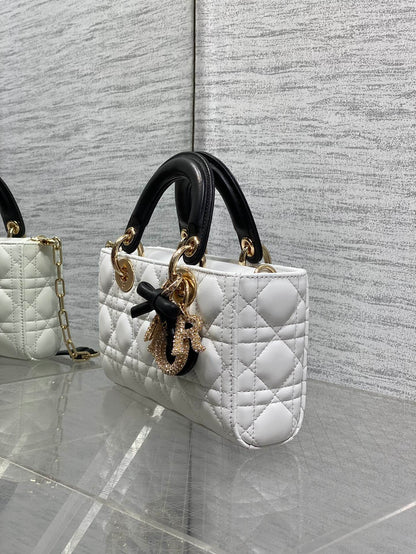 Dior 2026 Lady Bow D-Joy Bag White Black Lambskin With Diamond Hardware 284141