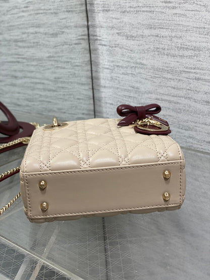 Dior 2026 Bow Lady Dior 17cm Beige Burgundy Lambskin 286583