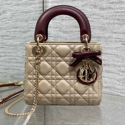 Dior 2026 Bow Lady Dior 17cm Beige Burgundy Lambskin 286583