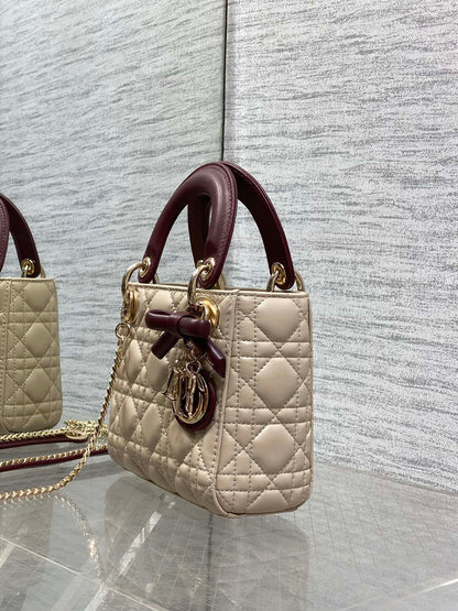 Dior 2026 Bow Lady Dior 17cm Beige Burgundy Lambskin 286583
