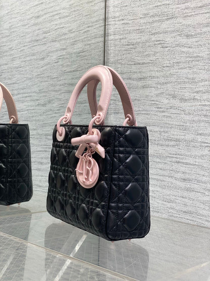 Dior 2026 Bow Lady Dior 20cm Black Pink Cannage Lambskin 289164