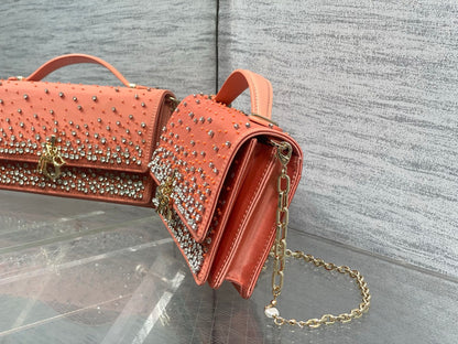 Dior 2026 Crystal Embellishments Lady Bag 24cm Coral Orange Leather 355276