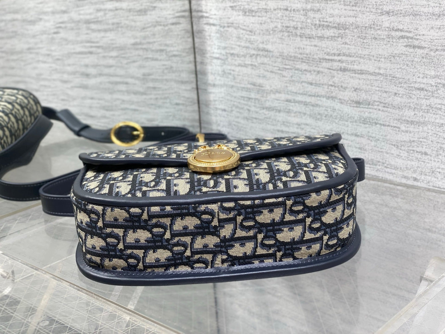 Dior 2026 Medaillon Oblique Jacquard Flap Bag 23cm Blue Beige Fabric 355386